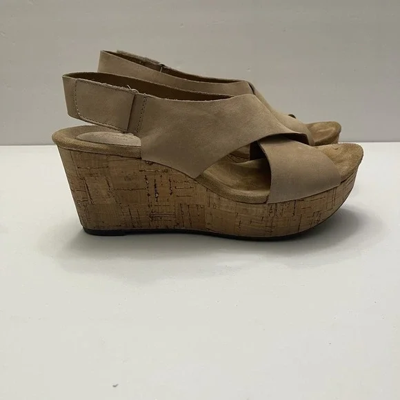 Clarks Sandals Caslynn Shae Platform Slingback Beige Light Tan Size 8 Wedge Cork - Picture 3 of 11